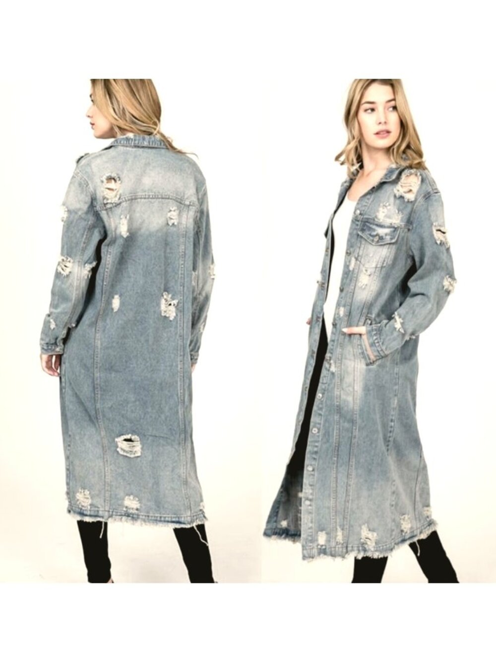 Highway Jeans Long Denim Distressed Duster Jean Jacket Coat Pockets XL Holes